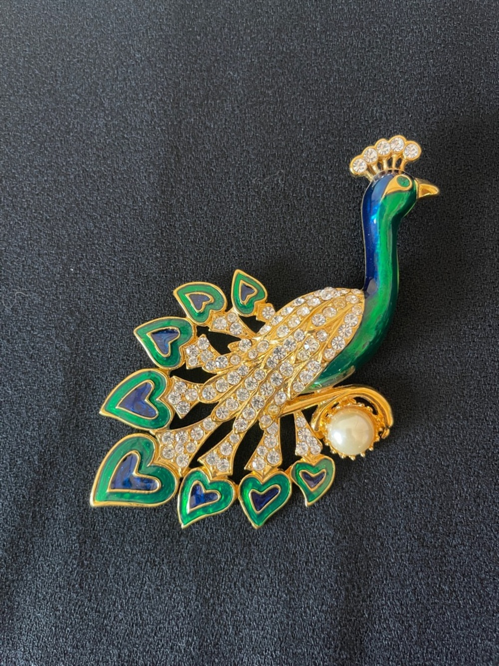 Vintage Gold-tone Peacock Brooch with Green & Blue Enamel and Pearl Accent